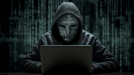 A mysterious figure in a hooded sweatshirt sits before a laptop, with a digital mask displaying intricate patterns