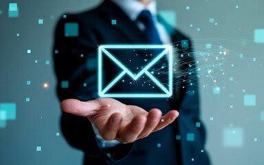 Professional businessman holding glowing 3D digital envelope icon with floating data particles for virtual mail and secure network communication concept