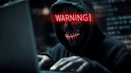 A mysterious hacker in a dark hoodie works on a laptop, illuminated by ominous red warning signs. The atmosphere suggests cybercrime and digital threat.