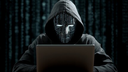 A mysterious hacker wearing a hoodie and a digital mask stares intently at a laptop screen amidst a backdrop of flowing binary code, symbolizing the world of cybersecurity and hack
