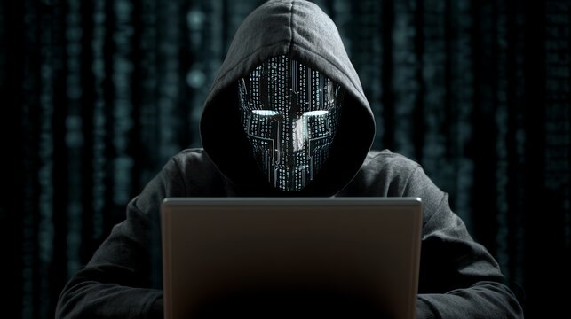 A mysterious hacker wearing a hoodie and a digital mask stares intently at a laptop screen amidst a backdrop of flowing binary code, symbolizing the world of cybersecurity and hack - Powered by Adobe