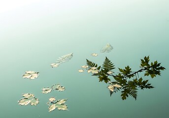 Subtle serenity: Serene aqua waters mirroring a dance of gentle foliage and fern fronds creating a calming and natural