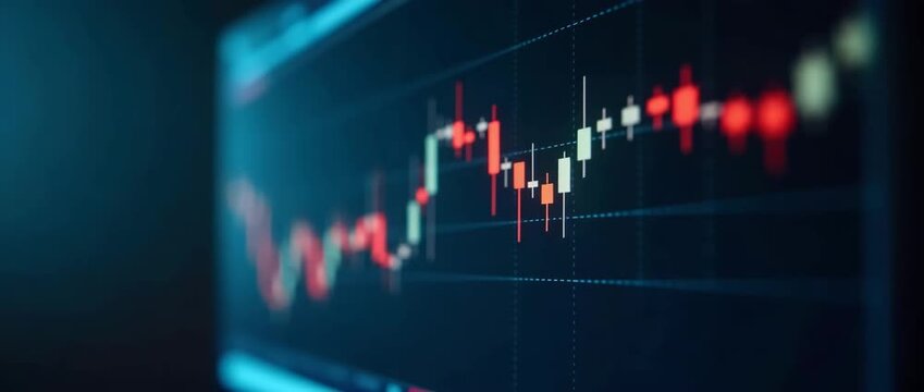 Dynamic stock market chart with fluctuating candlestick patterns in focus, as the camera slowly pans across a glowing digital screen, creating a cinematic financial analysis scene.
