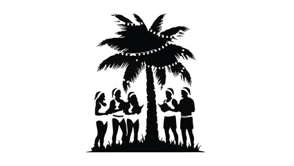 Friends celebrating holidays under a festive palm tree
