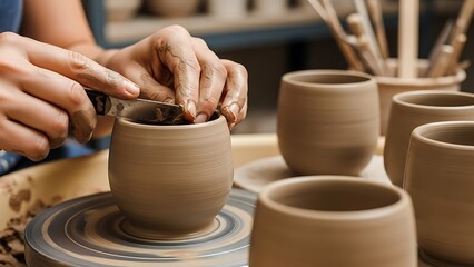 Artistic hands shaping clay on a spinning pottery wheel with precision