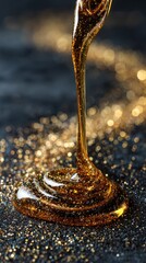 Fototapeta premium Vibrant photo of Golden viscous liquid pouring onto gold glitter surface with bokeh effect