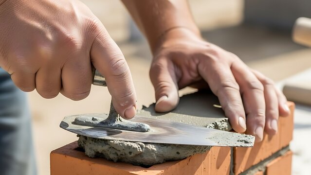 Craftsman layering cement with hand trowel on brick structure building