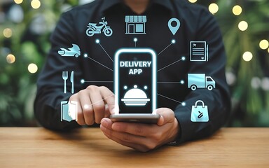 Futuristic Food Delivery App Interface with Glowing Digital Icons and Logistics Data Visualization