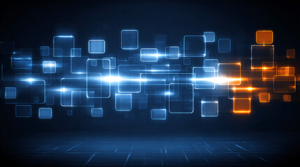 Floating digital blocks with glowing light effect. Futuristic abstract technology background.