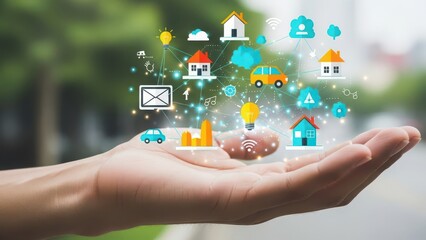 Smart home and city technology concept with hand holding icons