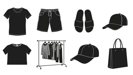Black and gray clothing and accessory icons arranged in two rows