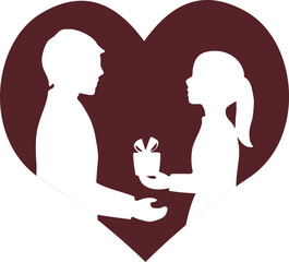 Silhouette of a couple exchanging a gift inside a large heart, Valentine's Day and White Day vector illustration