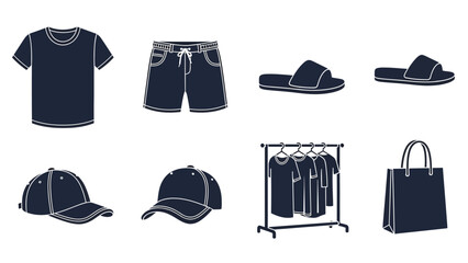Dark blue silhouettes of casual clothing and accessories against a white background