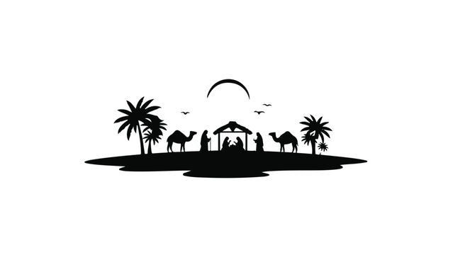 Serene Nativity scene silhouette under a crescent moon with camels and palm trees - Powered by Adobe