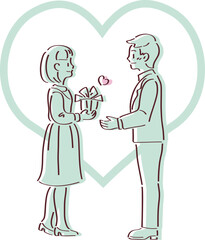 Simple line art vector illustration of a couple exchanging a gift in front of a large heart, perfect for Valentine's Day or White Day.