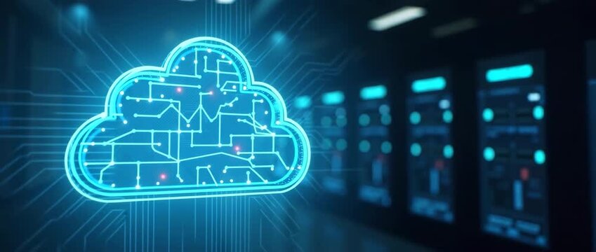 Neon cloud icon hovers in a futuristic data center with servers glowing softly; camera pans slowly, capturing ambient light flickers in a cinematic high-tech environment.