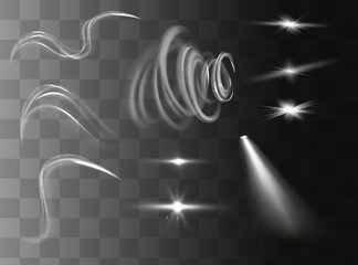 Light effect set. Glow isolated white transparent light effect set, lens flare, explosion, glitter, dust, line, sun flash, spark and stars, spotlight, curve twirl. Sunlight, abstract special effect.