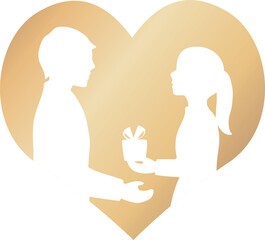 Silhouette of a couple exchanging a gift inside a large heart, Valentine's Day and White Day vector illustration