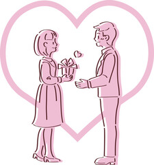 Simple line art vector illustration of a couple exchanging a gift in front of a large heart, perfect for Valentine's Day or White Day.