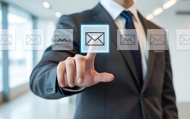 Businessman in Suit Interacting with Glowing Digital Email Icon on Futuristic Virtual Interface