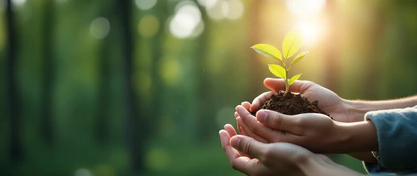 Hands cradle a young plant in rich soil, as sunlight filters through a serene forest; camera gently pans to capture the growth, embodying sustainability and nature's tranquility in a cinematic style.