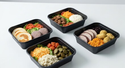 Four prepared meals in black containers against a white background
