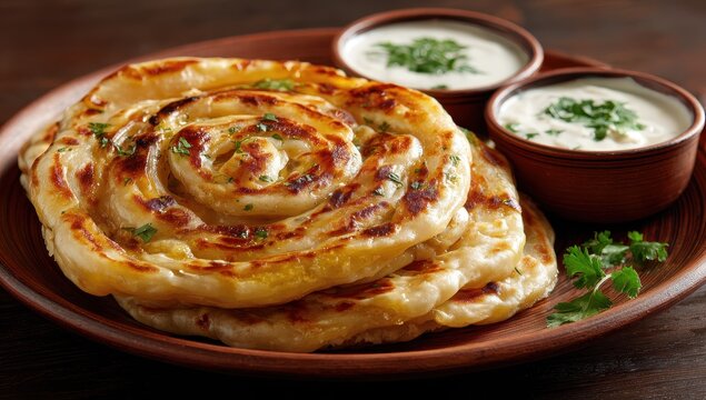 Vibrant photo of Freshly baked spiral paratha flatbread served with yogurt dip and fresh herbs on a wooden plate