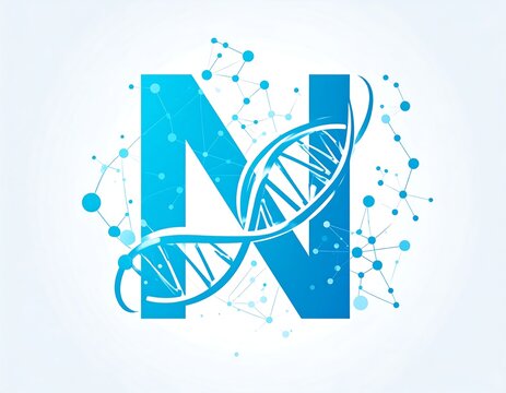Blue letter "N" with DNA spiral, molecular connections