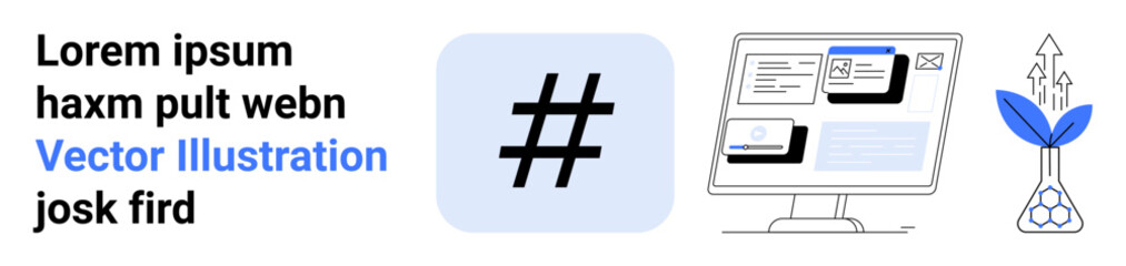 metadata tag in blue box, computer displaying interface with widgets, growing plant symbolizing progress. Ideal for technology, social media, growth, innovation, success, strategy simple landing