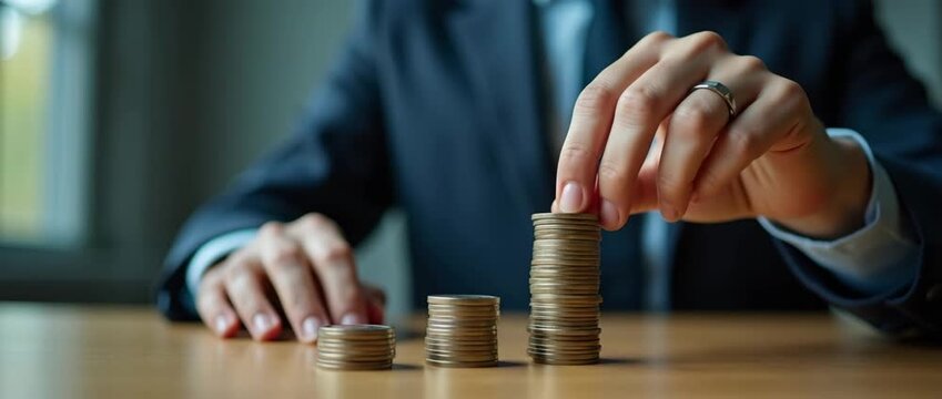 Business professional stacking coins on a table, captured with a slow cinematic zoom, while ambient office lights flicker, symbolizing financial growth and investment strategy.