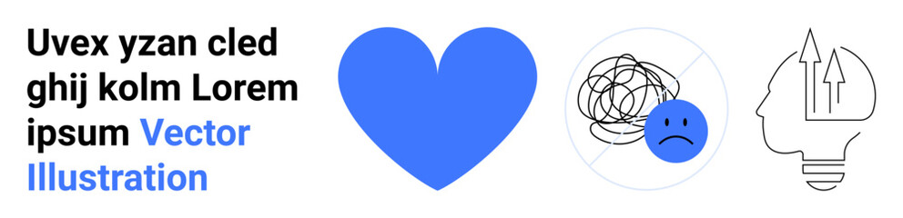 Emotional wellness, mental health, creativity, idea generation, problem-solving, and self-care. Blue heart, sad face with tangled lines and conceptual brain with arrows. Mental health and emotional