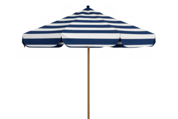 Beach umbrella with blue and white stripes providing shade and relaxation on a summer vacation with transparent background