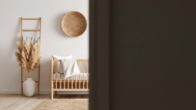 Nursery decor with wooden crib, and natural light.