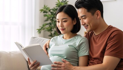 Fototapeta premium Pregnant Asian couple sitting on the sofa and reading a book together in a bright cozy living room, concept of preparing for parenthood and family happiness.