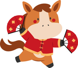 Obraz premium Illustration of Cute Horse Dancing with Fans Chinese New Year
