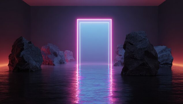 Vibrant photo of 3D render of a glowing neon portal in a dark room with water and rocks