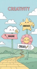 Cartoon illustration depicts the sequential steps on a whimsical path leading toward creative accomplishment