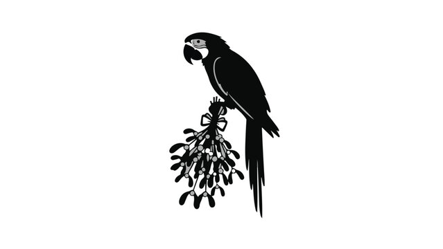 Elegant black silhouette of a parrot perched on a mistletoe branch