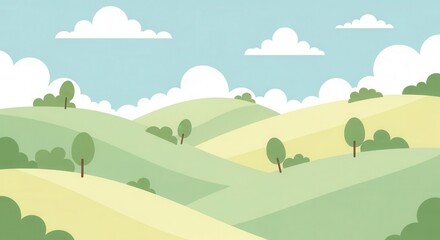 Gently rolling pastoral landscape features layered green hills beneath a bright blue sky with fluffy white clouds