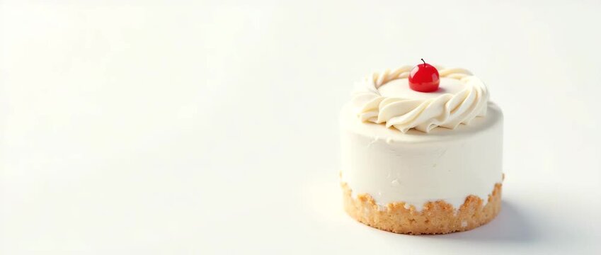 Elegant white cake with cherry on top, resting on a minimalist surface as the camera slowly pans, capturing gentle lighting shifts; cinematic dessert focus, perfect for bakery advertising.