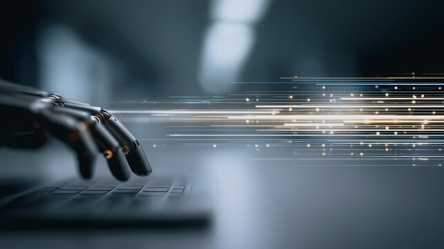 An advanced robotic hand delicately interacts with a sleek laptop keyboard, its metallic fingers dancing across the keys, as streams of data cascade around.  - Powered by Adobe