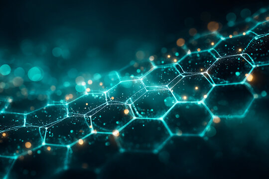 Hexagonal digital grid with glowing connections. Futuristic abstract technology network background. - Powered by Adobe