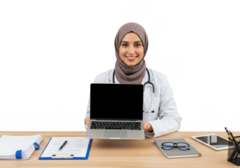 Smiling muslim doctor in hijab holding laptop isolated on transparent background