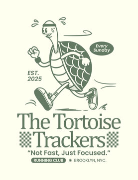Retro tortoise running club mascot illustration in a classic vintage cartoon style. This design is suitable for running club logos, sport community branding, athletic apparel