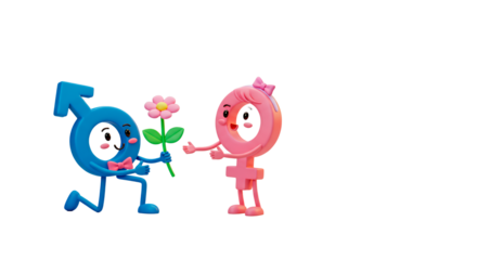 3D cartoon gender symbols of a man giving a flower to a woman  