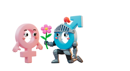 3D cartoon gender symbols of a man and a woman with flower for Valentine's Day  