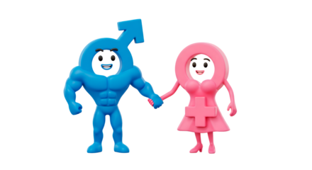 3D cartoon gender symbols, with the bodies of a man and a woman holding hands