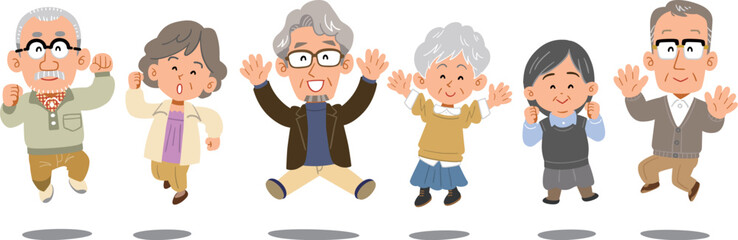 横一列でジャンプするシニアの男女