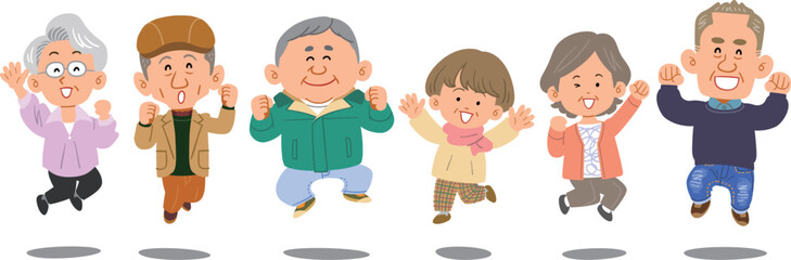 横一列でジャンプするシニアの男女