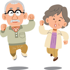 ジャンプするシニアのカップル